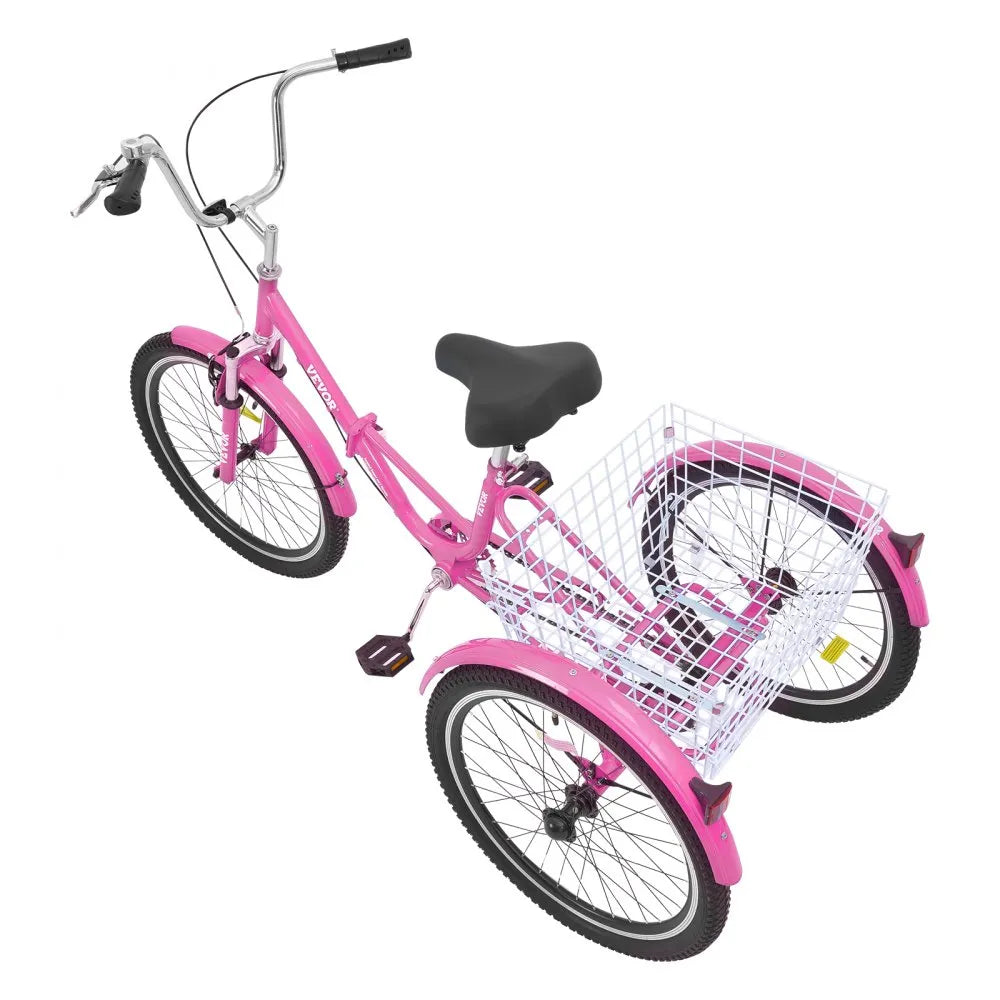 VEVOR Folding Adult Tricycle, 26-Inch Adult Folding Trikes, Carbon Steel 3 Wheel Cruiser Bike with Large Basket & Adjustable Seat, Shopping Picnic Foldable Tricycles for Women, Men, Seniors (Pink)