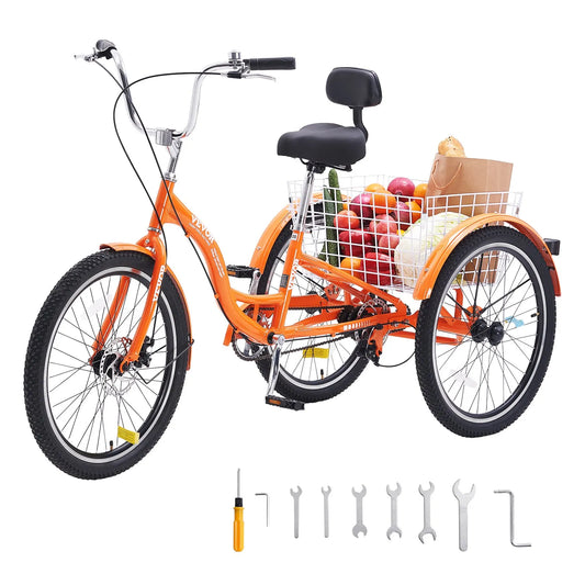 VEVOR Adult Tricycles Bike, 20 Inch Three-Wheeled Bicycles, 3 Wheel Bikes Trikes, Aluminum Alloy Cruiser Bike with Basket & Adjustable Seat, Picnic Shopping Tricycles for Seniors, Women, Men (Orange)