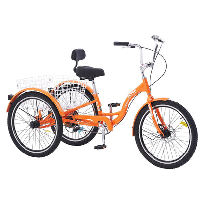 VEVOR Adult Tricycles Bike, 24 Inch Three-Wheeled Bicycles, 3 Wheel Bikes Trikes, Aluminum Alloy Cruiser Bike with Basket & Adjustable Seat, Picnic Shopping Tricycles for Seniors, Women, Men (Orange)