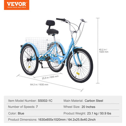 VEVOR Adult Tricycles Bike, 7 Speed Adult Trikes, 20 Inch Three-Wheeled Bicycles, Carbon Steel Cruiser Bike with Basket and Adjustable Seat, Picnic Shopping Tricycles for Seniors, Women, Men (Blue)
