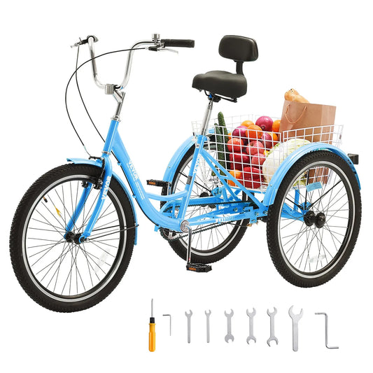 VEVOR Adult Tricycles Bike, 24 Inch Three-Wheeled Bicycles, 3 Wheel Bikes Trikes, Carbon Steel Cruiser Bike with Basket & Adjustable Seat, Picnic Shopping Tricycles for Seniors, Women, Men (Blue)