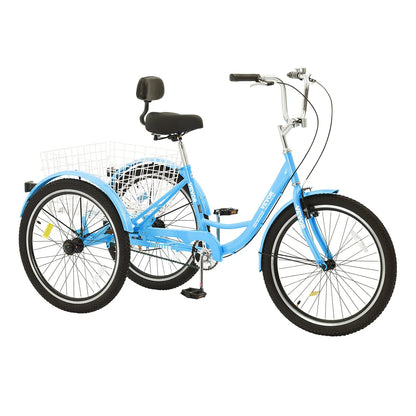 VEVOR Adult Tricycles Bike, 24 Inch Three-Wheeled Bicycles, 3 Wheel Bikes Trikes, Carbon Steel Cruiser Bike with Basket & Adjustable Seat, Picnic Shopping Tricycles for Seniors, Women, Men (Blue)