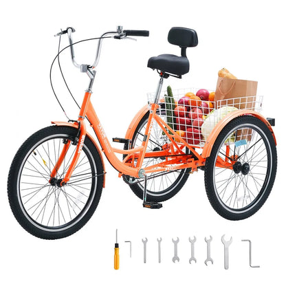 VEVOR Adult Tricycles Bike, 26 Inch Three-Wheeled Bicycles, 3 Wheel Bikes Trikes, Carbon Steel Cruiser Bike with Basket & Adjustable Seat, Picnic Shopping Tricycles for Seniors, Women, Men (Orange)