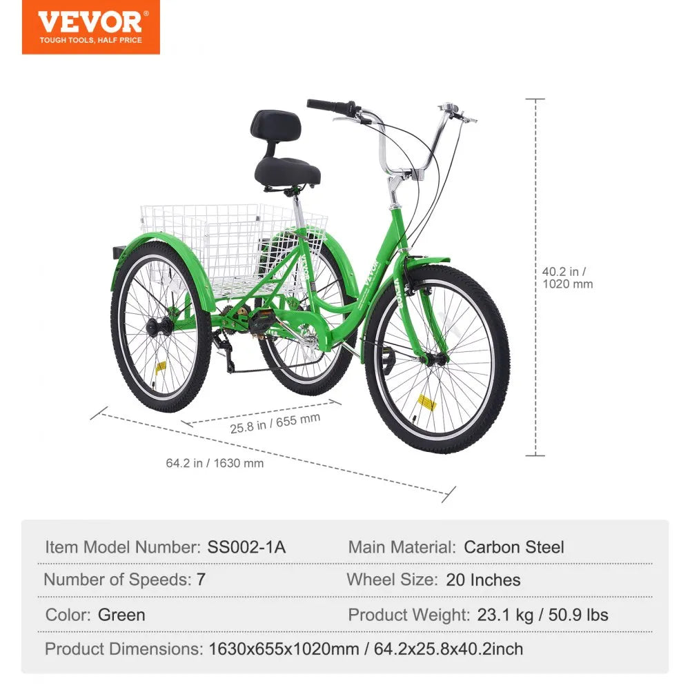 VEVOR Adult Tricycles Bike, 7 Speed Adult Trikes, 20 Inch Three-Wheeled Bicycles, Carbon Steel Cruiser Bike with Basket and Adjustable Seat, Picnic Shopping Tricycles for Seniors, Women, Men (Green)