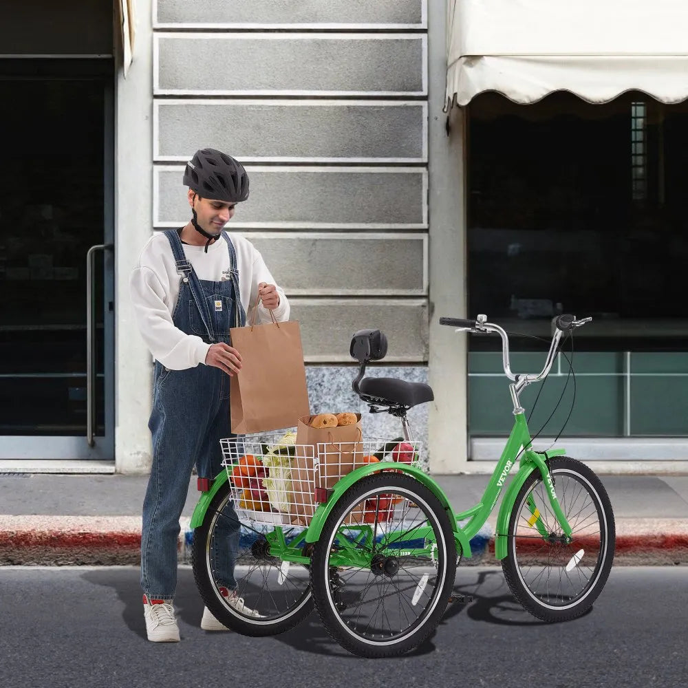 VEVOR Adult Tricycles Bike, 7 Speed Adult Trikes, 20 Inch Three-Wheeled Bicycles, Carbon Steel Cruiser Bike with Basket and Adjustable Seat, Picnic Shopping Tricycles for Seniors, Women, Men (Green)