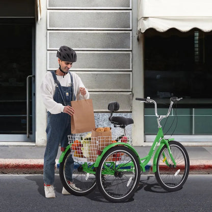 VEVOR Adult Tricycles Bike, 7 Speed Adult Trikes, 20 Inch Three-Wheeled Bicycles, Carbon Steel Cruiser Bike with Basket and Adjustable Seat, Picnic Shopping Tricycles for Seniors, Women, Men (Green)