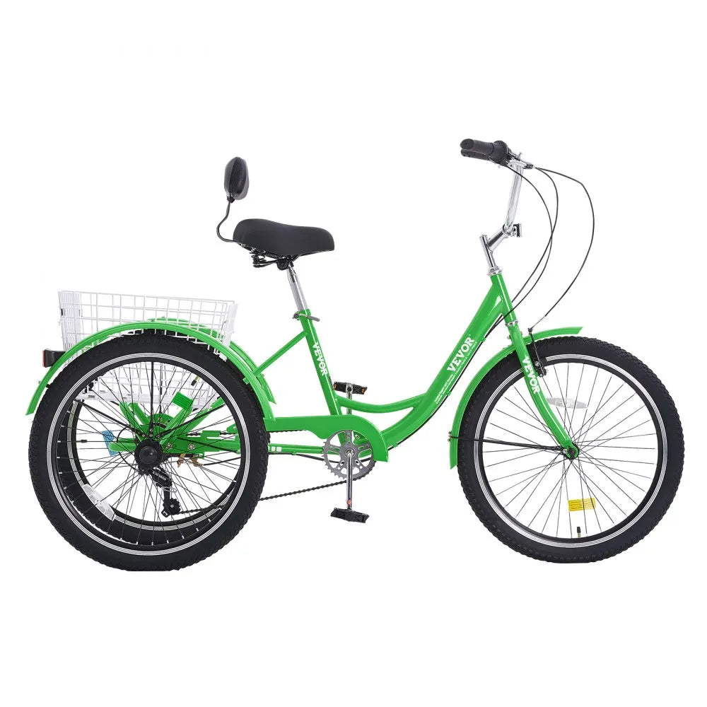 VEVOR Adult Tricycles Bike, 7 Speed Adult Trikes, 20 Inch Three-Wheeled Bicycles, Carbon Steel Cruiser Bike with Basket and Adjustable Seat, Picnic Shopping Tricycles for Seniors, Women, Men (Green)