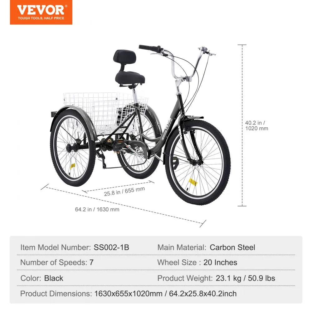 VEVOR Adult Tricycles Bike, 7 Speed Adult Trikes, 20 Inch Three-Wheeled Bicycles, Carbon Steel Cruiser Bike with Basket and Adjustable Seat, Picnic Shopping Tricycles for Seniors, Women, Men (Black)