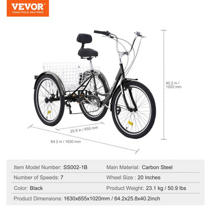VEVOR Adult Tricycles Bike, 7 Speed Adult Trikes, 20 Inch Three-Wheeled Bicycles, Carbon Steel Cruiser Bike with Basket and Adjustable Seat, Picnic Shopping Tricycles for Seniors, Women, Men (Black)
