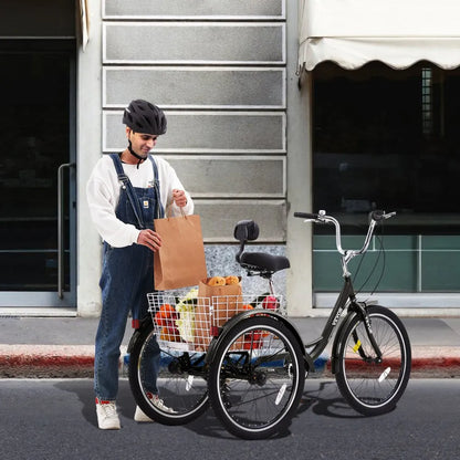 VEVOR Adult Tricycles Bike, 7 Speed Adult Trikes, 20 Inch Three-Wheeled Bicycles, Carbon Steel Cruiser Bike with Basket and Adjustable Seat, Picnic Shopping Tricycles for Seniors, Women, Men (Black)