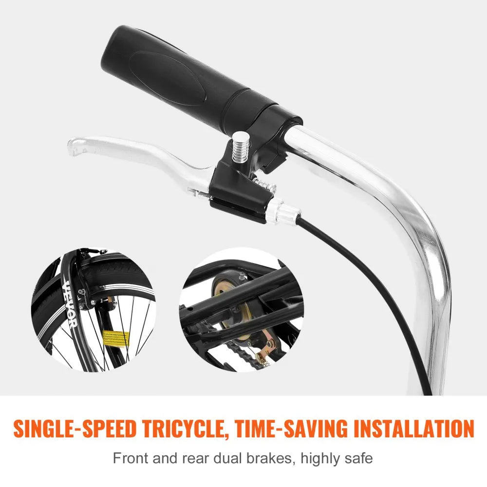 VEVOR Adult Tricycles Bike, 20 Inch Three-Wheeled Bicycles, 3 Wheel Bikes Trikes, Carbon Steel Cruiser Bike with Basket & Adjustable Seat, Picnic Shopping Tricycles for Seniors, Women, Men (Black)