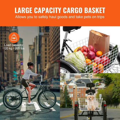 VEVOR Adult Tricycles Bike, 20 Inch Three-Wheeled Bicycles, 3 Wheel Bikes Trikes, Carbon Steel Cruiser Bike with Basket & Adjustable Seat, Picnic Shopping Tricycles for Seniors, Women, Men (Black)