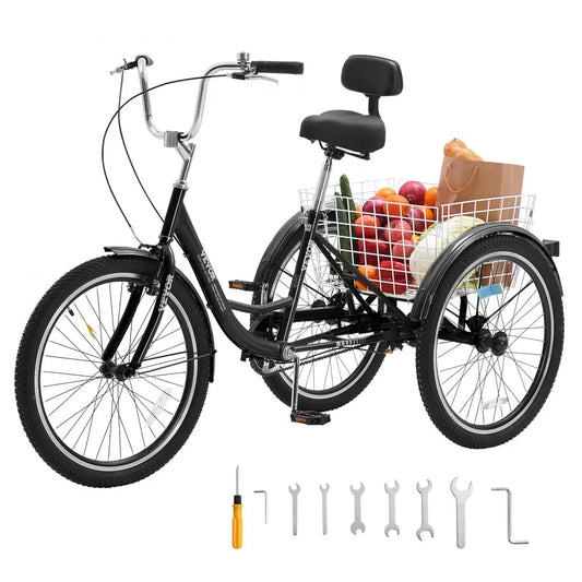 VEVOR Adult Tricycles Bike, 20 Inch Three-Wheeled Bicycles, 3 Wheel Bikes Trikes, Carbon Steel Cruiser Bike with Basket & Adjustable Seat, Picnic Shopping Tricycles for Seniors, Women, Men (Black)