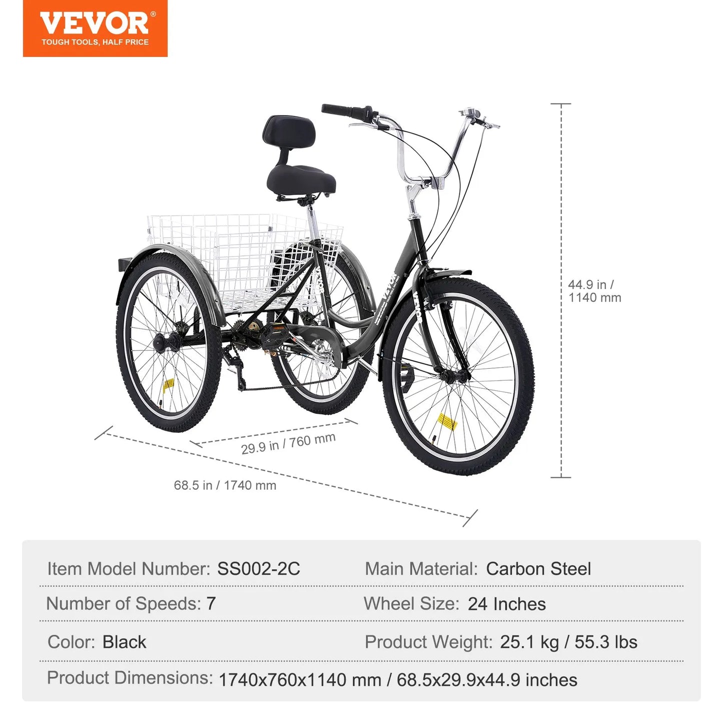 VEVOR Adult Tricycles Bike, 7 Speed Adult Trikes, 24 Inch Three-Wheeled Bicycles, Carbon Steel Cruiser Bike with Basket and Adjustable Seat, Picnic Shopping Tricycles for Seniors, Women, Men (Black)