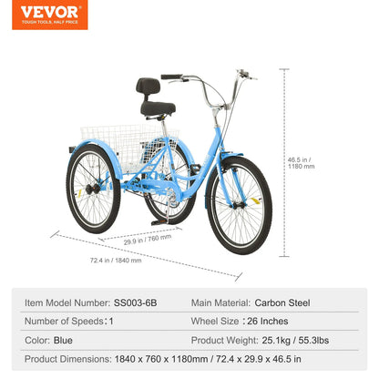 VEVOR Adult Tricycles Bike, 26 Inch Three-Wheeled Bicycles, 3 Wheel Bikes Trikes, Carbon Steel Cruiser Bike with Basket & Adjustable Seat, Picnic Shopping Tricycles for Seniors, Women, Men (Blue)