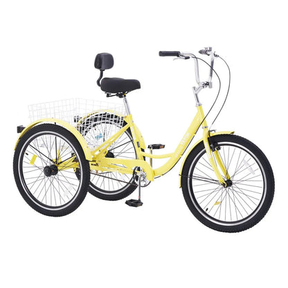 VEVOR Adult Tricycles Bike, 24 Inch Three-Wheeled Bicycles, 3 Wheel Bikes Trikes, Carbon Steel Cruiser Bike with Basket & Adjustable Seat, Picnic Shopping Tricycles for Seniors, Women, Men (Yellow)