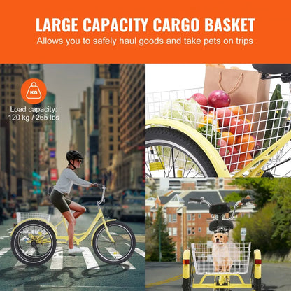 VEVOR Adult Tricycles Bike, 7 Speed Adult Trikes, 24 Inch Three-Wheeled Bicycles, Carbon Steel Cruiser Bike with Basket and Adjustable Seat, Picnic Shopping Tricycles for Seniors, Women, Men (Yellow)