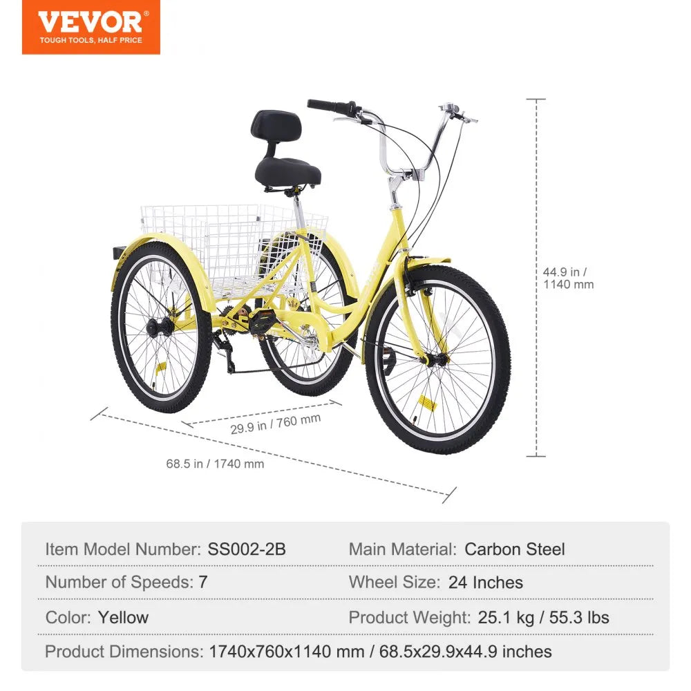 VEVOR Adult Tricycles Bike, 7 Speed Adult Trikes, 24 Inch Three-Wheeled Bicycles, Carbon Steel Cruiser Bike with Basket and Adjustable Seat, Picnic Shopping Tricycles for Seniors, Women, Men (Yellow)