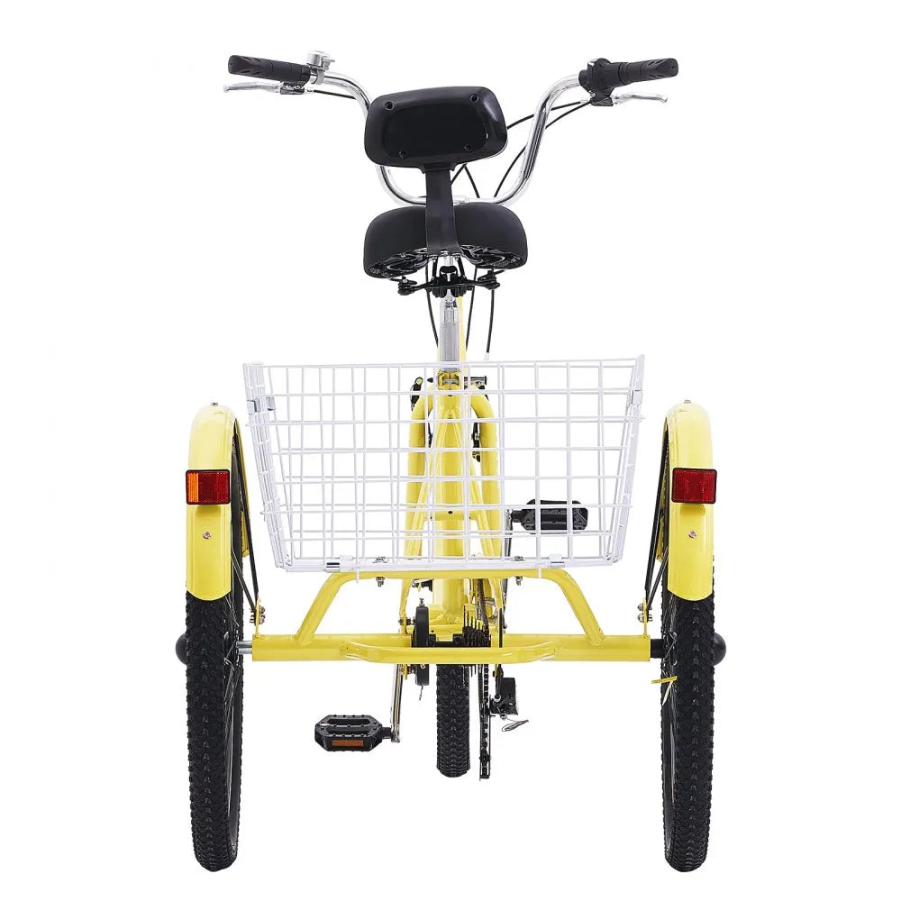 VEVOR Adult Tricycles Bike, 7 Speed Adult Trikes, 24 Inch Three-Wheeled Bicycles, Carbon Steel Cruiser Bike with Basket and Adjustable Seat, Picnic Shopping Tricycles for Seniors, Women, Men (Yellow)