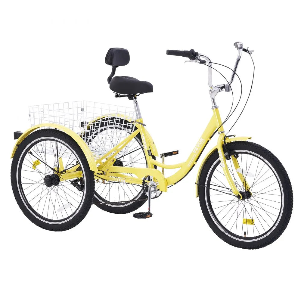 VEVOR Adult Tricycles Bike, 7 Speed Adult Trikes, 24 Inch Three-Wheeled Bicycles, Carbon Steel Cruiser Bike with Basket and Adjustable Seat, Picnic Shopping Tricycles for Seniors, Women, Men (Yellow)