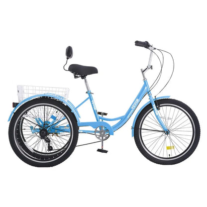 VEVOR Adult Tricycles Bike, 7 Speed Adult Trikes, 24 Inch Three-Wheeled Bicycles, Carbon Steel Cruiser Bike with Basket and Adjustable Seat, Picnic Shopping Tricycles for Seniors, Women, Men (Blue)