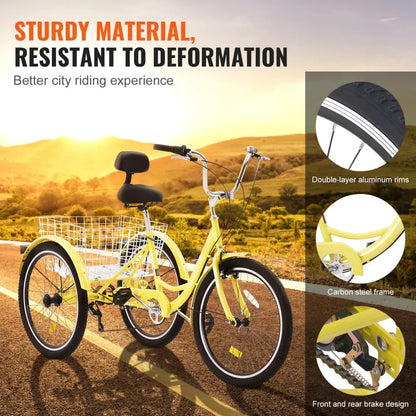 VEVOR Adult Tricycles Bike, 7 Speed Adult Trikes, 26 Inch Three-Wheeled Bicycles, Carbon Steel Cruiser Bike with Basket and Adjustable Seat, Picnic Shopping Tricycles for Seniors, Women, Men (Yellow)