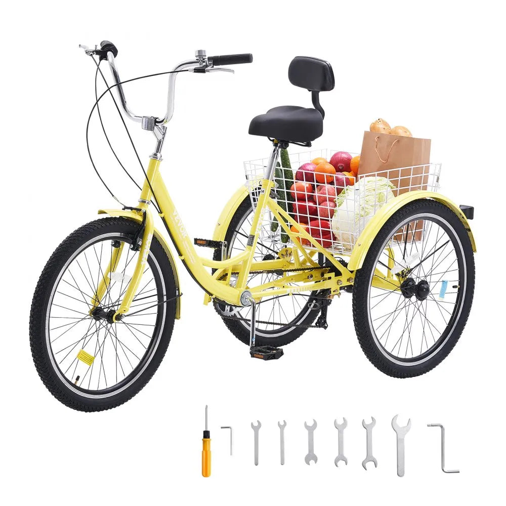 VEVOR Adult Tricycles Bike, 7 Speed Adult Trikes, 26 Inch Three-Wheeled Bicycles, Carbon Steel Cruiser Bike with Basket and Adjustable Seat, Picnic Shopping Tricycles for Seniors, Women, Men (Yellow)