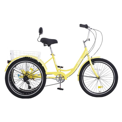 VEVOR Adult Tricycles Bike, 7 Speed Adult Trikes, 26 Inch Three-Wheeled Bicycles, Carbon Steel Cruiser Bike with Basket and Adjustable Seat, Picnic Shopping Tricycles for Seniors, Women, Men (Yellow)
