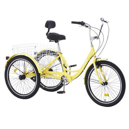 VEVOR Adult Tricycles Bike, 7 Speed Adult Trikes, 26 Inch Three-Wheeled Bicycles, Carbon Steel Cruiser Bike with Basket and Adjustable Seat, Picnic Shopping Tricycles for Seniors, Women, Men (Yellow)
