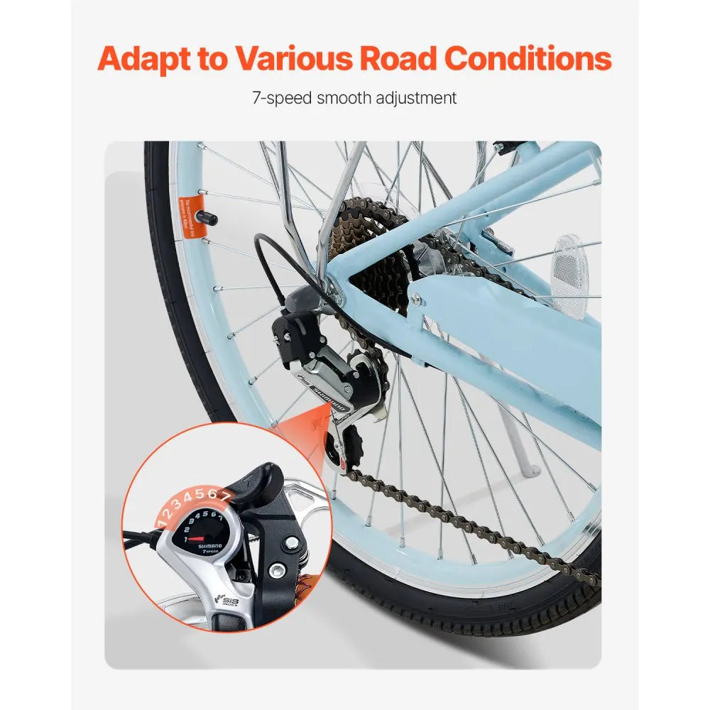 VEVOR Cruiser Bike, 7-Speed, 24-Inch Light Blue Beach Cruiser Bike with Large Capacity Basket and Rear Rack, Secure & Sturdy Cruiser Bike with Adjustable Seat, Fits for Cycling, Exercise & Shopping