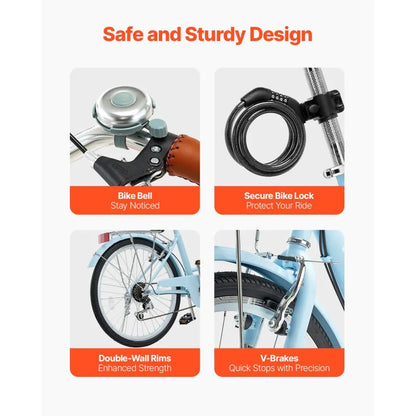 VEVOR Cruiser Bike, 7-Speed, 24-Inch Light Blue Beach Cruiser Bike with Large Capacity Basket and Rear Rack, Secure & Sturdy Cruiser Bike with Adjustable Seat, Fits for Cycling, Exercise & Shopping