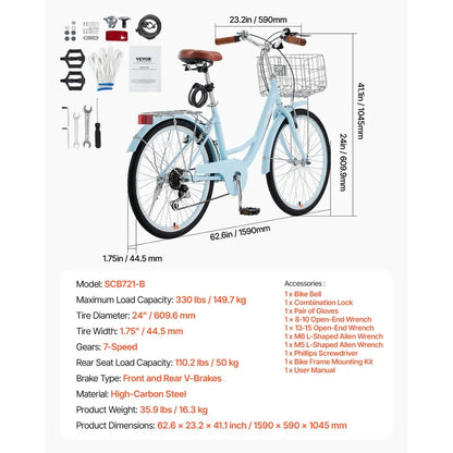 VEVOR Cruiser Bike, 7-Speed, 24-Inch Light Blue Beach Cruiser Bike with Large Capacity Basket and Rear Rack, Secure & Sturdy Cruiser Bike with Adjustable Seat, Fits for Cycling, Exercise & Shopping