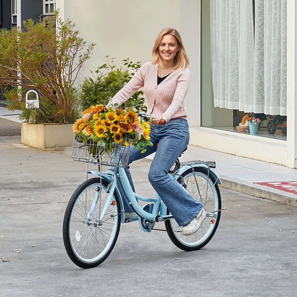 VEVOR Cruiser Bike, 7-Speed, 24-Inch Light Blue Beach Cruiser Bike with Large Capacity Basket and Rear Rack, Secure & Sturdy Cruiser Bike with Adjustable Seat, Fits for Cycling, Exercise & Shopping