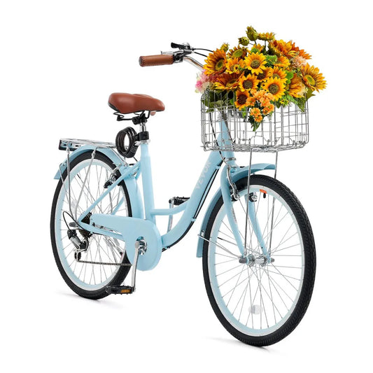 VEVOR Cruiser Bike, 7-Speed, 24-Inch Light Blue Beach Cruiser Bike with Large Capacity Basket and Rear Rack, Secure & Sturdy Cruiser Bike with Adjustable Seat, Fits for Cycling, Exercise & Shopping
