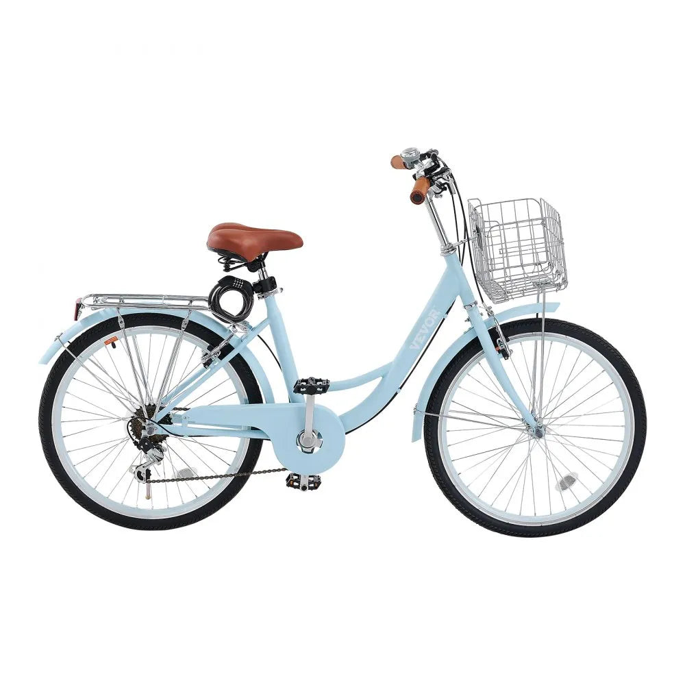 VEVOR Cruiser Bike, 7-Speed, 24-Inch Light Blue Beach Cruiser Bike with Large Capacity Basket and Rear Rack, Secure & Sturdy Cruiser Bike with Adjustable Seat, Fits for Cycling, Exercise & Shopping