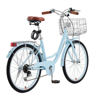 VEVOR Cruiser Bike, 7-Speed, 24-Inch Light Blue Beach Cruiser Bike with Large Capacity Basket and Rear Rack, Secure & Sturdy Cruiser Bike with Adjustable Seat, Fits for Cycling, Exercise & Shopping