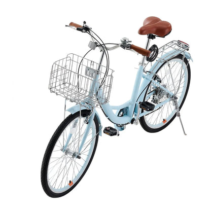 VEVOR Cruiser Bike, 7-Speed, 24-Inch Light Blue Beach Cruiser Bike with Large Capacity Basket and Rear Rack, Secure & Sturdy Cruiser Bike with Adjustable Seat, Fits for Cycling, Exercise & Shopping