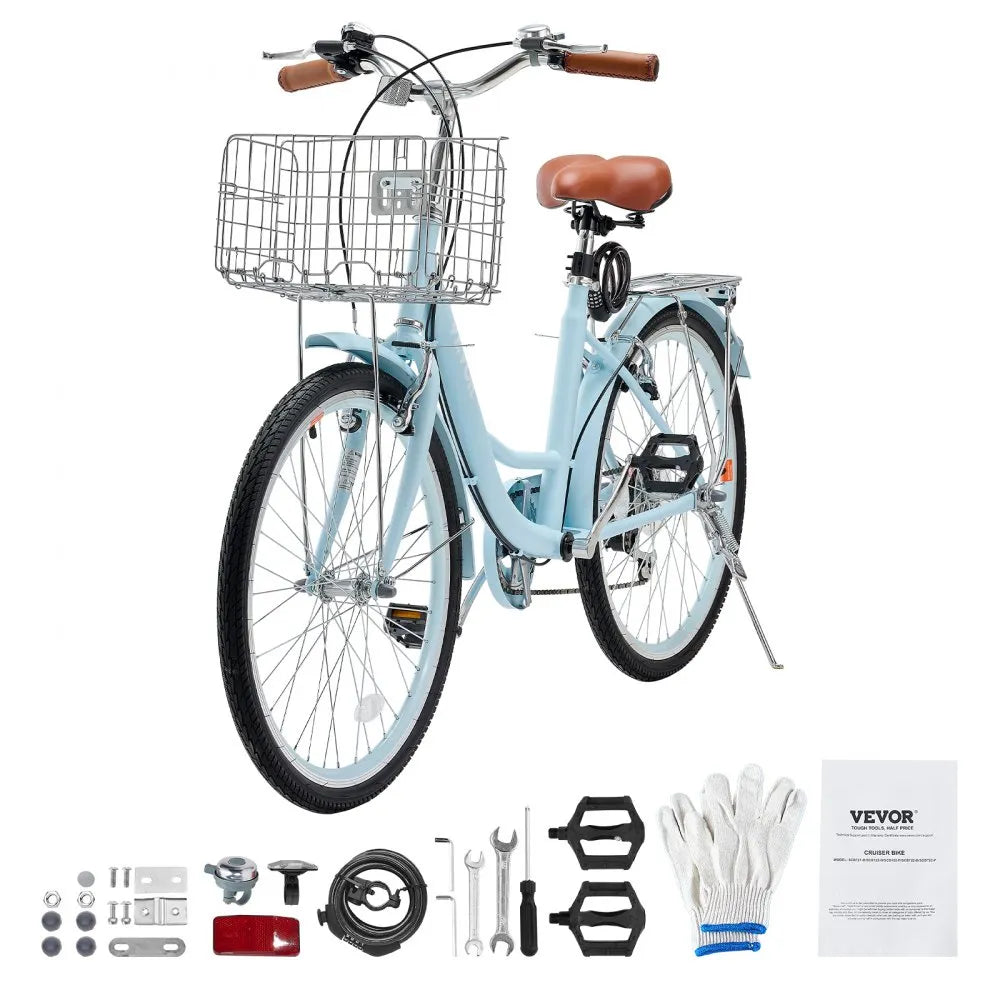 VEVOR Cruiser Bike, 7-Speed, 24-Inch Light Blue Beach Cruiser Bike with Large Capacity Basket and Rear Rack, Secure & Sturdy Cruiser Bike with Adjustable Seat, Fits for Cycling, Exercise & Shopping