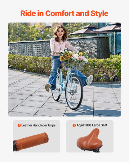 VEVOR Cruiser Bike, 1-Speed, 26-Inch Light Blue Beach Cruiser Bike with Large Capacity Basket and Rear Rack, Secure & Sturdy Cruiser Bike with Adjustable Seat, Fits for Cycling, Exercise & Shopping