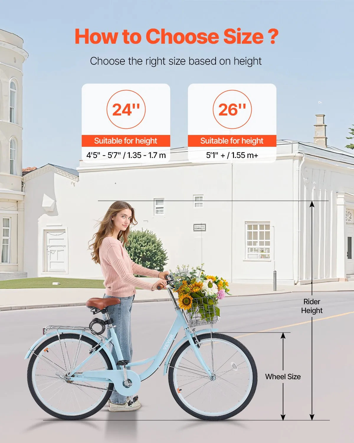 VEVOR Cruiser Bike, 1-Speed, 26-Inch Light Blue Beach Cruiser Bike with Large Capacity Basket and Rear Rack, Secure & Sturdy Cruiser Bike with Adjustable Seat, Fits for Cycling, Exercise & Shopping