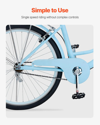 VEVOR Cruiser Bike, 1-Speed, 26-Inch Light Blue Beach Cruiser Bike with Large Capacity Basket and Rear Rack, Secure & Sturdy Cruiser Bike with Adjustable Seat, Fits for Cycling, Exercise & Shopping