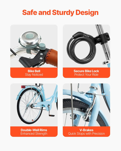 VEVOR Cruiser Bike, 1-Speed, 26-Inch Light Blue Beach Cruiser Bike with Large Capacity Basket and Rear Rack, Secure & Sturdy Cruiser Bike with Adjustable Seat, Fits for Cycling, Exercise & Shopping