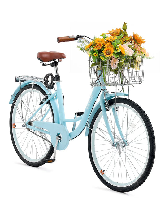 VEVOR Cruiser Bike, 1-Speed, 26-Inch Light Blue Beach Cruiser Bike with Large Capacity Basket and Rear Rack, Secure & Sturdy Cruiser Bike with Adjustable Seat, Fits for Cycling, Exercise & Shopping