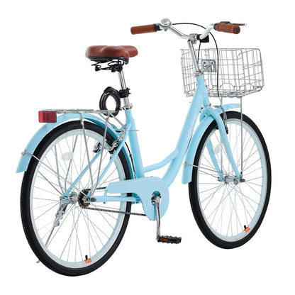 VEVOR Cruiser Bike, 1-Speed, 26-Inch Light Blue Beach Cruiser Bike with Large Capacity Basket and Rear Rack, Secure & Sturdy Cruiser Bike with Adjustable Seat, Fits for Cycling, Exercise & Shopping