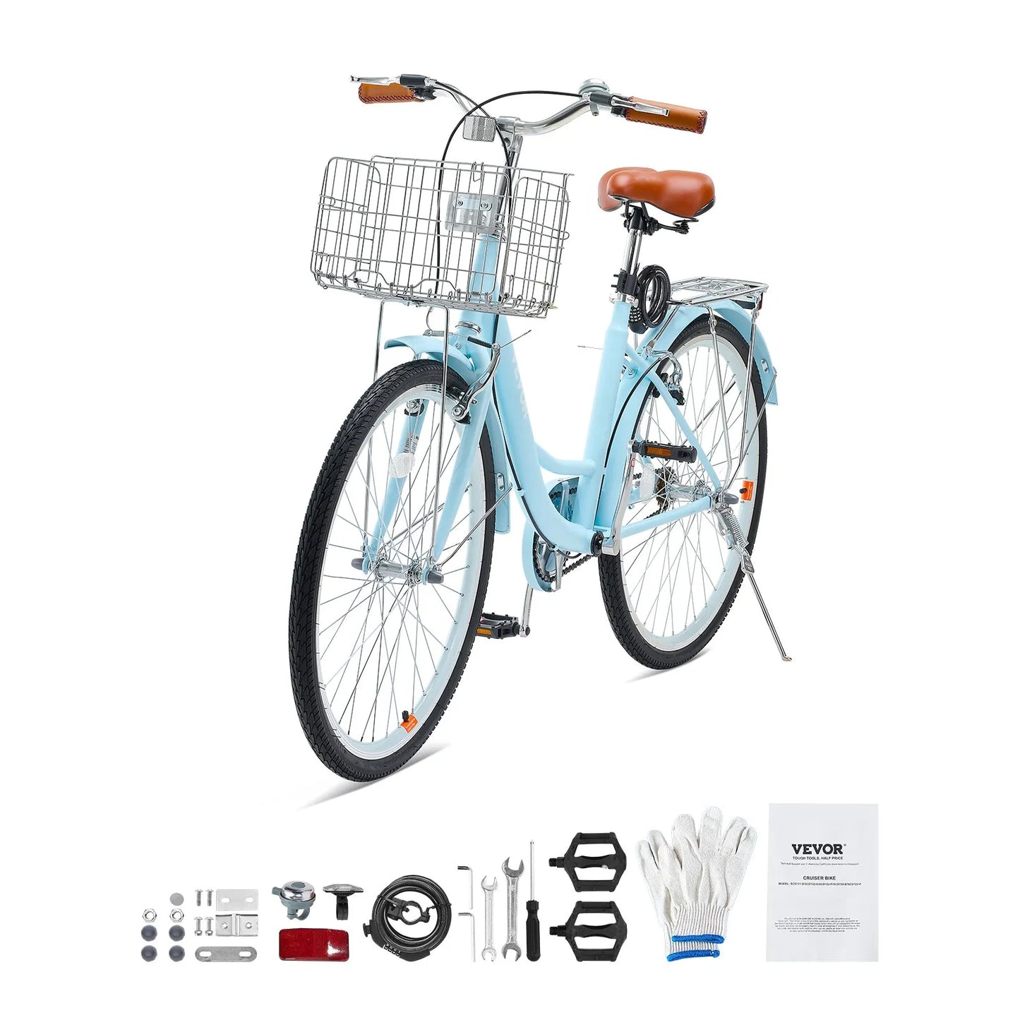 VEVOR Cruiser Bike, 1-Speed, 26-Inch Light Blue Beach Cruiser Bike with Large Capacity Basket and Rear Rack, Secure & Sturdy Cruiser Bike with Adjustable Seat, Fits for Cycling, Exercise & Shopping