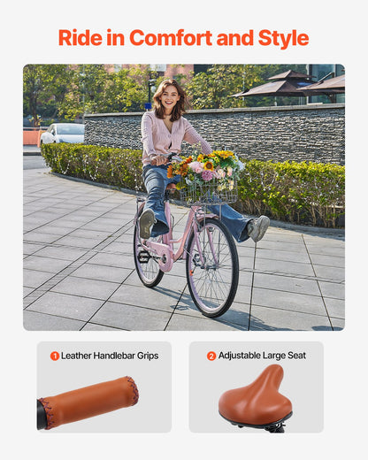 VEVOR Cruiser Bike, 1-Speed, 26-Inch Pink Beach Cruiser Bike with Large Capacity Basket and Rear Rack, Secure & Sturdy Cruiser Bike with Adjustable Seat, Fits for Cycling, Exercise & Shopping