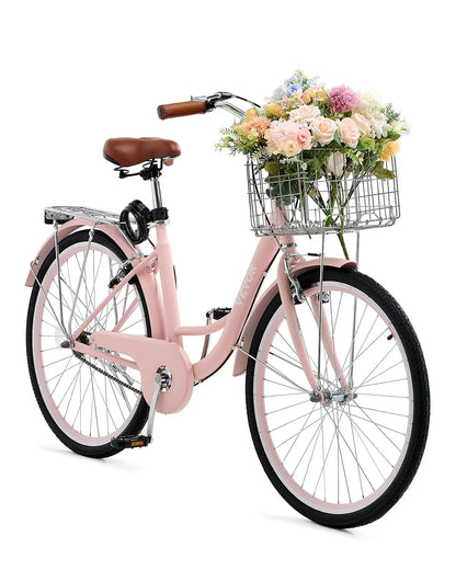 VEVOR Cruiser Bike, 1-Speed, 26-Inch Pink Beach Cruiser Bike with Large Capacity Basket and Rear Rack, Secure & Sturdy Cruiser Bike with Adjustable Seat, Fits for Cycling, Exercise & Shopping