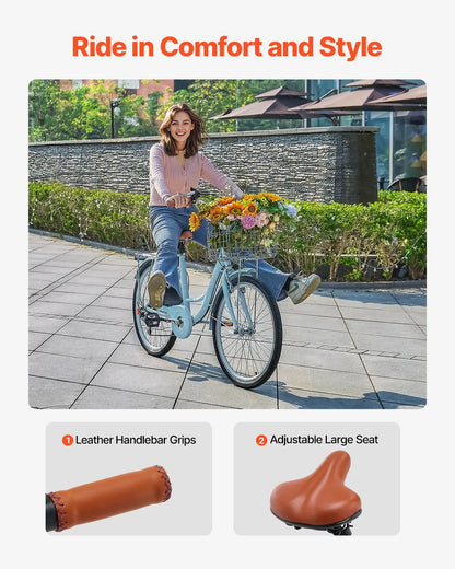 VEVOR Cruiser Bike, 7-Speed, 26-Inch Light Blue Beach Cruiser Bike with Large Capacity Basket and Rear Rack, Secure & Sturdy Cruiser Bike with Adjustable Seat, Fits for Cycling, Exercise & Shopping