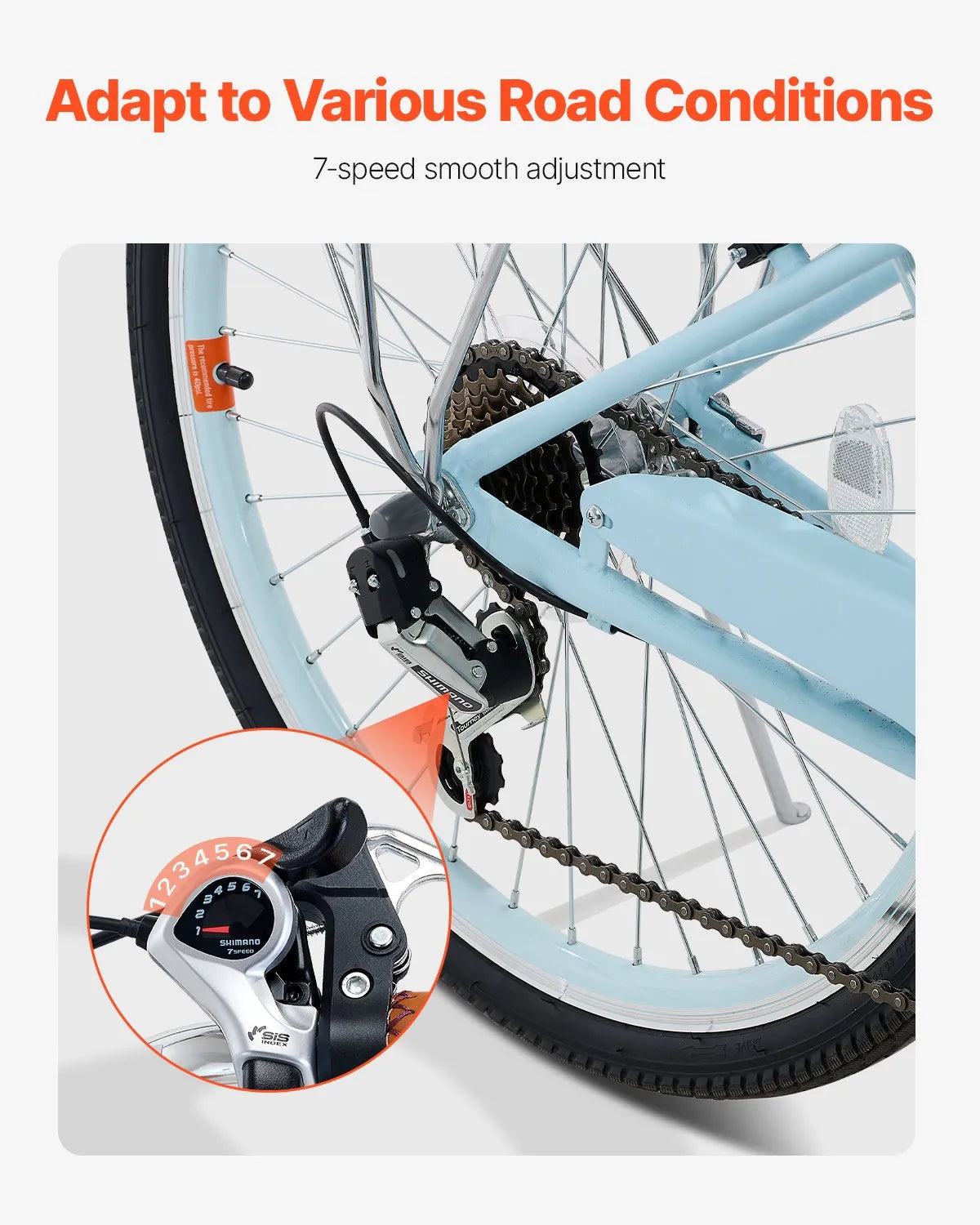 VEVOR Cruiser Bike, 7-Speed, 26-Inch Light Blue Beach Cruiser Bike with Large Capacity Basket and Rear Rack, Secure & Sturdy Cruiser Bike with Adjustable Seat, Fits for Cycling, Exercise & Shopping