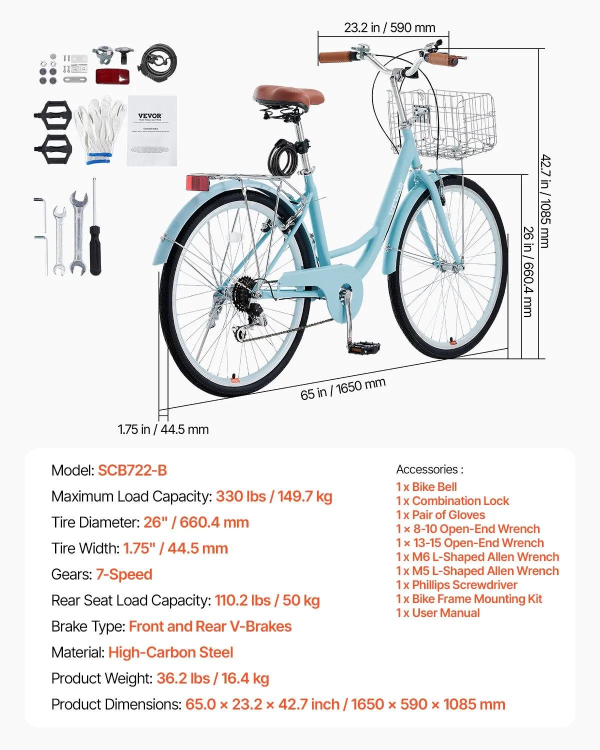VEVOR Cruiser Bike, 7-Speed, 26-Inch Light Blue Beach Cruiser Bike with Large Capacity Basket and Rear Rack, Secure & Sturdy Cruiser Bike with Adjustable Seat, Fits for Cycling, Exercise & Shopping